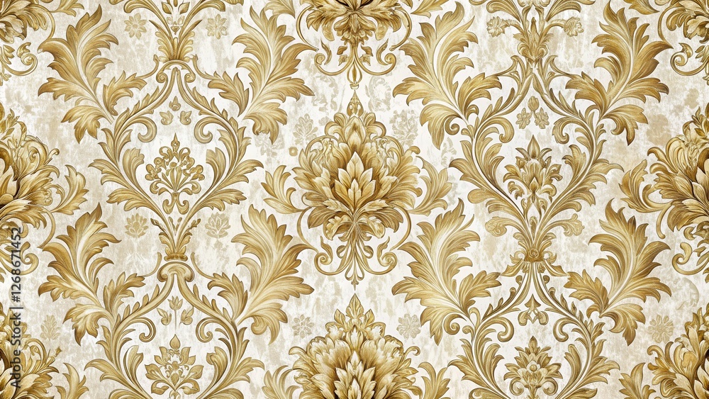 Ornate damask fabric with intricate patterns and gold accents on a white background, antique print, decorative wallpaper Ornate damask fabric with intricate patterns and gold accents on a white background, antique print, decorative wallpaper