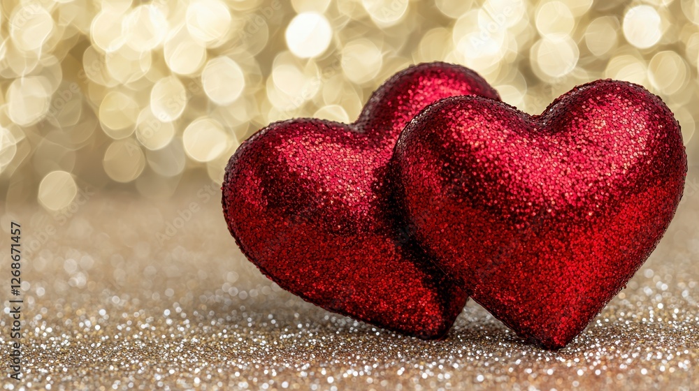 Fototapeta premium Two red glitter hearts rest on a sparkling gold surface, bokeh background, romantic, Valentine's Day, love, affection