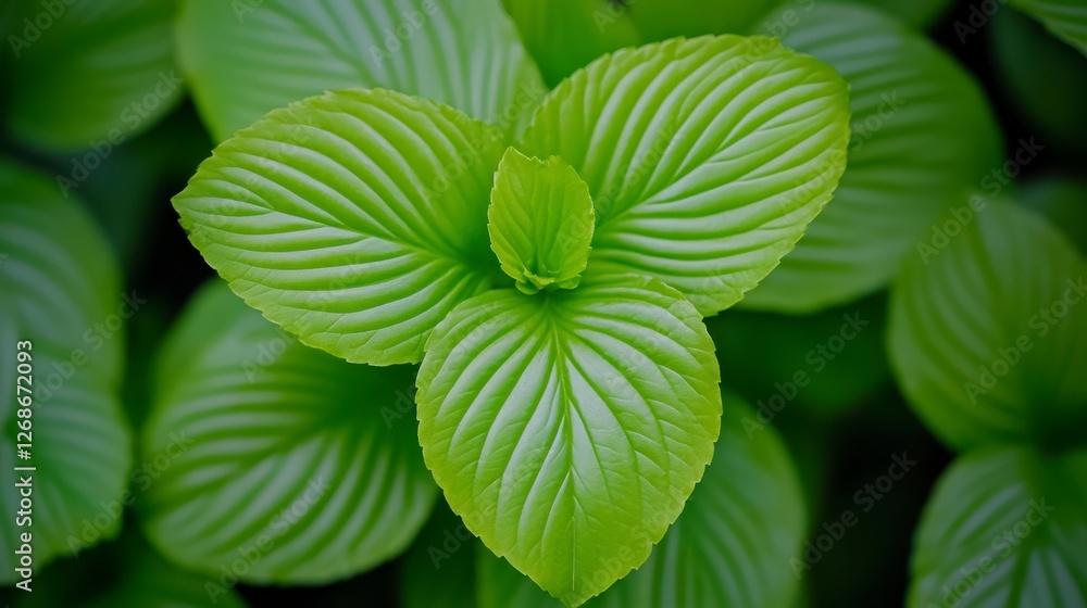 Fototapeta premium Close up view of vibrant green leaves with prominent veining, arranged symmetrically. The leaves are sharply focused, set against a blurred