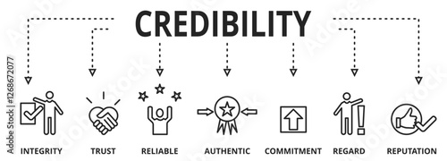 Credibility, reputation and trust concept. Banner with vector illustration icons and keywords