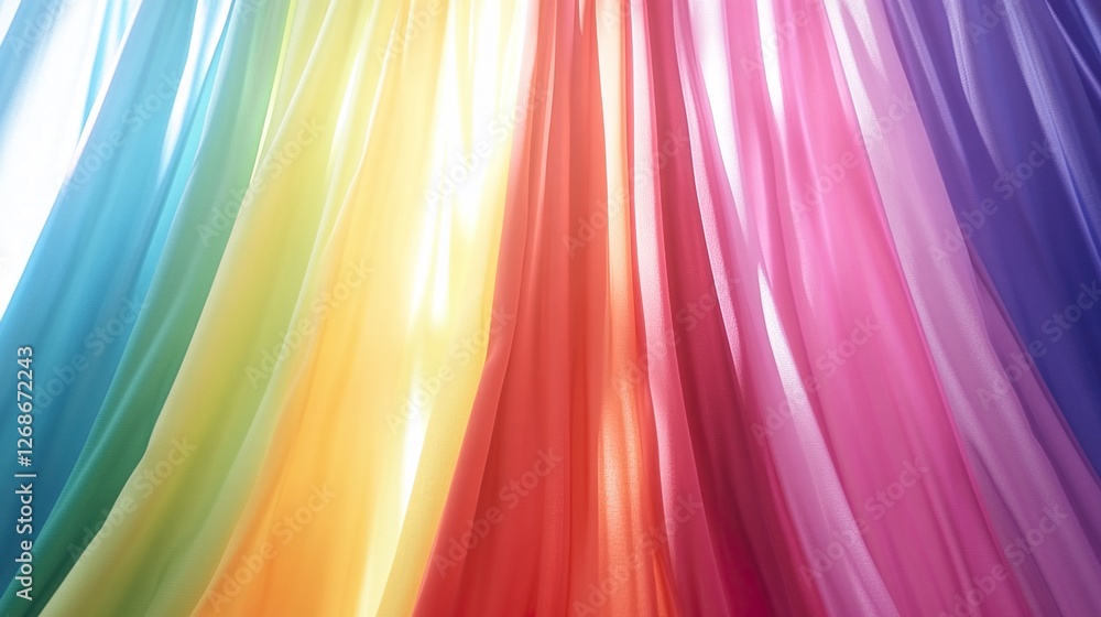 Obraz premium Curtain unveils vibrant hues, abstract backdrop, soft light; a moment of discovery and transformation.
