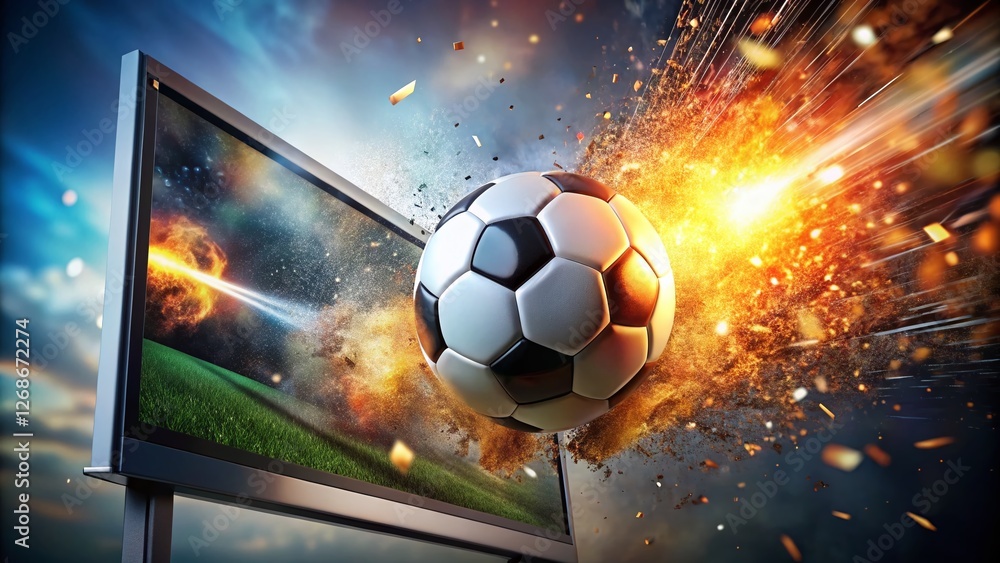 Fototapeta premium 3D Render: Soccer Ball Exploding from Television Screen - Dynamic Sports Action Shot