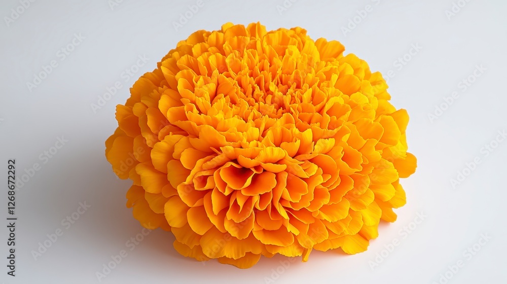 Close up view of a vibrant, round, orange flower on a plain white background. The flower's petals are densely packed, creating a full and textured