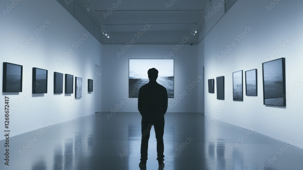 man contemplating art in modern gallery man contemplating art in modern gallery