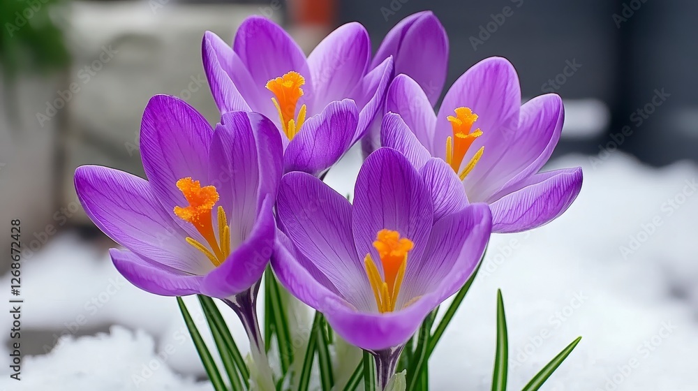 Close up vibrant image showcases several blooming purple flowers, their bright orange centers creating a striking contrast. The flowers are set Close up vibrant image showcases several blooming purple flowers, their bright orange centers creating a striking contrast. The flowers are set