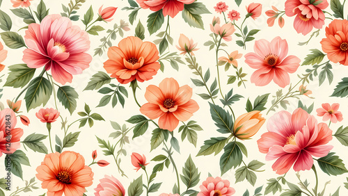 Wallpaper Mural Floral pattern. Pretty flowers on a white background. Printing with small orange, red, and pink flowers. Ditsy print. Spring Bouquet.A white background, red and orange small flowers pattern,Petite  Torontodigital.ca