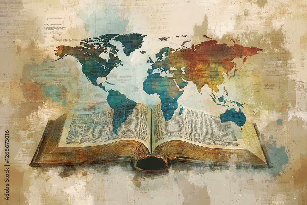 Fototapeta premium A Bible set on an ancient world map with traditional scripts, symbolizing its timeless relevance and global history