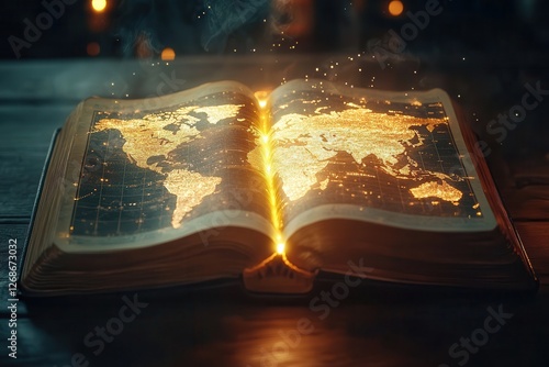 A glowing Bible casting light onto a world map, with pathways of light connecting diverse cultures and continents