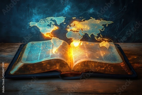 Fototapeta Naklejka Na Ścianę i Meble -  A glowing Bible casting light onto a world map, with pathways of light connecting diverse cultures and continents