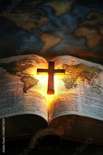 A glowing cross emerging from the pages of a Bible, casting light over a world map, signifying hope and unity