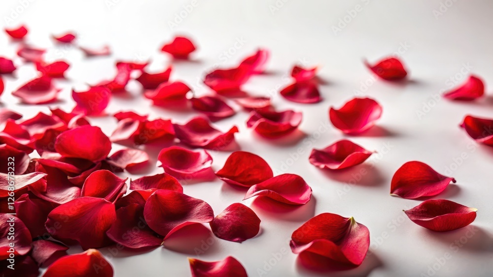 Delicate red rose petals scattered on a soft white background, nature-inspired, organic Delicate red rose petals scattered on a soft white background, nature-inspired, organic
