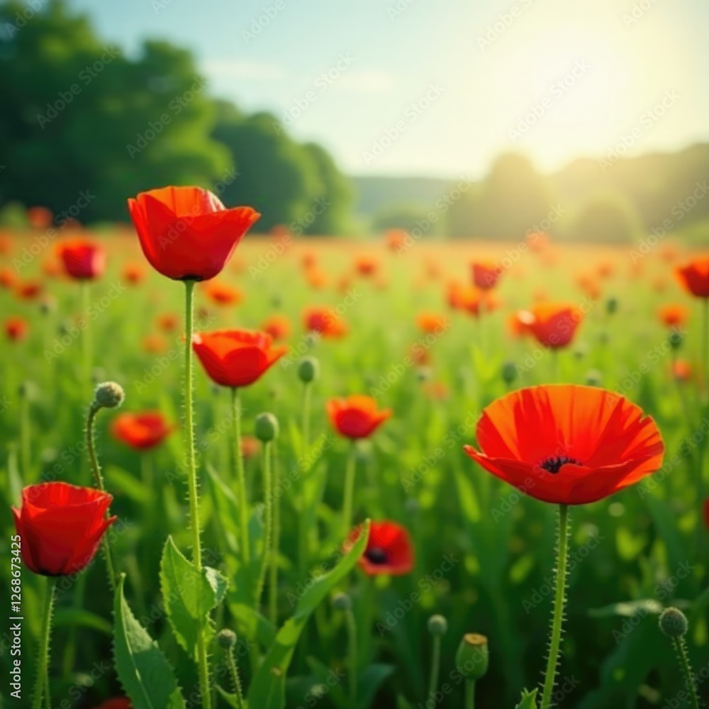 Obraz premium Poppy field in a lush green meadow with wildflowers, garden, sunflower like, sunlit poppy field
