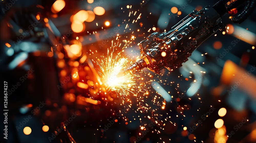 Robotic welding sparks fly in factory. Industrial automation close-up Robotic welding sparks fly in factory. Industrial automation close-up