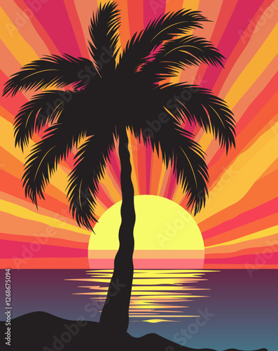 portrait of summer beach sunset and silhouette coconut trees, used as wallpaper, poster, wall decoration, etc.