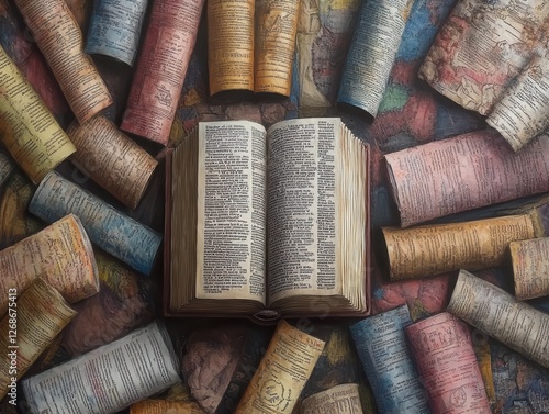 Bible surrounded by diverse languages written on scrolls, representing its translations and accessibility worldwide