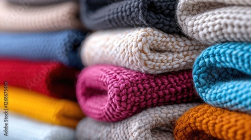 Colorful knitwear stacked, close-up, textile texture, soft fabrics, shopping