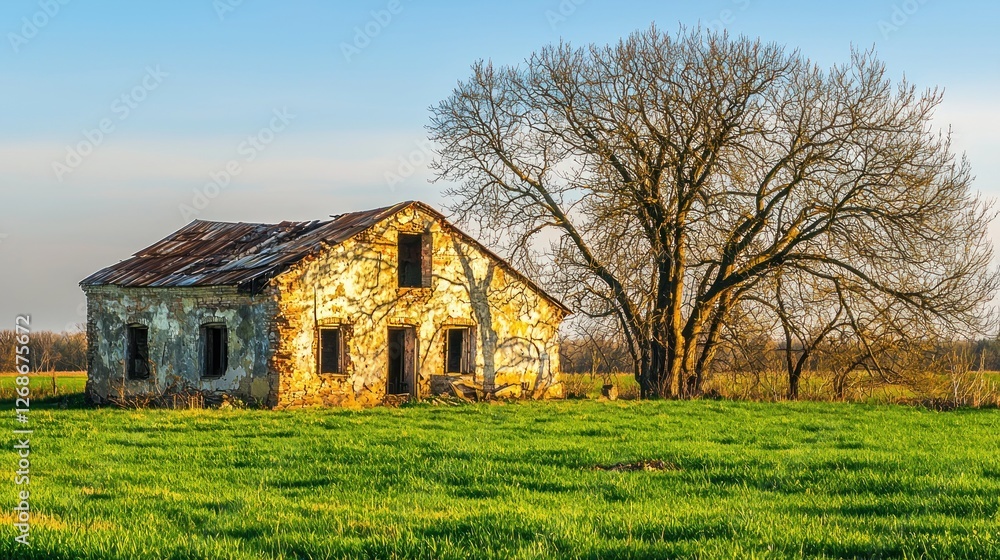 Abandoned farmhouse in grassy field at dawn Abandoned farmhouse in grassy field at dawn