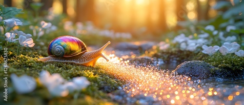 Enchanting Rainbow Snail Moving Gracefully Along a Dreamlike Forest Trail, Leaving Behind a Glittering Spiral of Light