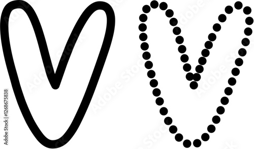 Vector illustration of lowercase letter V in bold outline and dashed line style. Ideal for kids tracing worksheets, coloring pages, and educational materials.