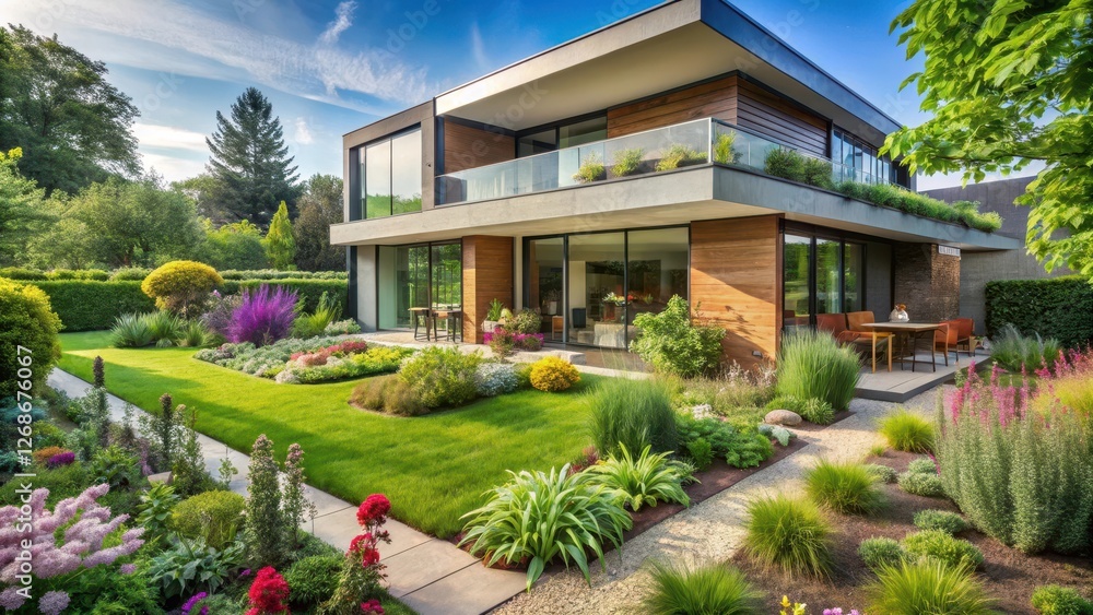 Fototapeta premium A lush green garden with a variety of plants and flowers surrounding a modern house, houseplant, interior, houseplant