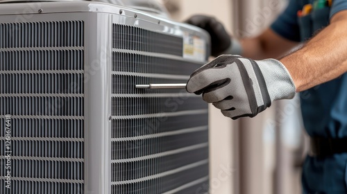 Air Conditioning Service Concept, Close-Up of Technician Working on Air Conditioning Tools and Components for Efficient Cooling Maintenance