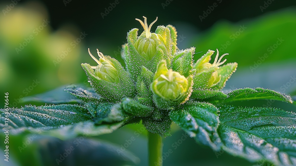 Close-up of budding green plant with dew droplets on leaves. Close-up of budding green plant with dew droplets on leaves.
