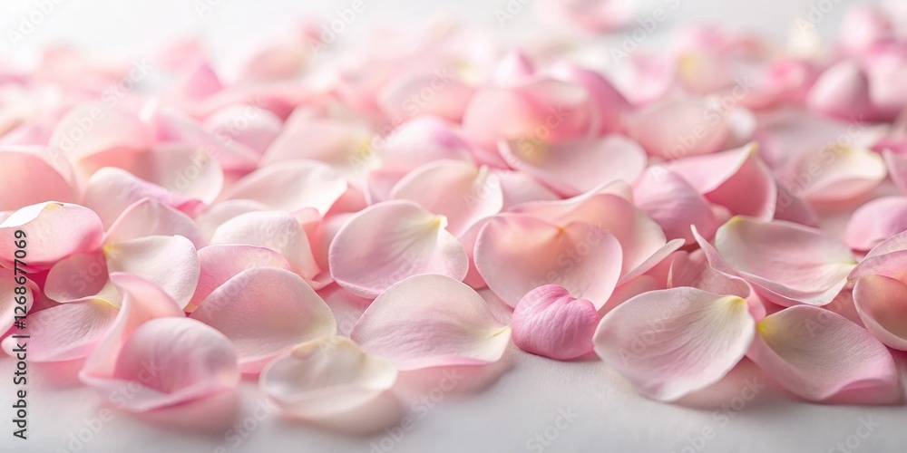 Fototapeta premium Soft pink rose petals scattered on a white background with subtle texture , pink pastel, soft focus, pink pastel