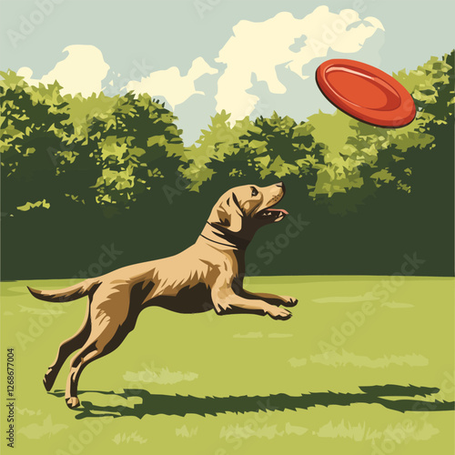 A vector of a dog playing fetch in a park with a frisbee