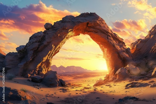 A remarkable rock arch in a desert setting illuminated by the golden hour light photo