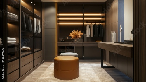Luxury dressing room with a proportional design, an elegant vanity table, and sleek, modern storage spaces.
