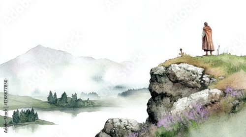 A Serene Landscape Featuring a Person and Child Overlooking a Misty Lake Surrounded by Lush Forest and Majestic Mountains in Soft Watercolor Style photo