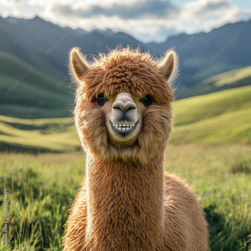 Obraz premium Playful llama standing gracefully in a field surrounded by beautiful scenery