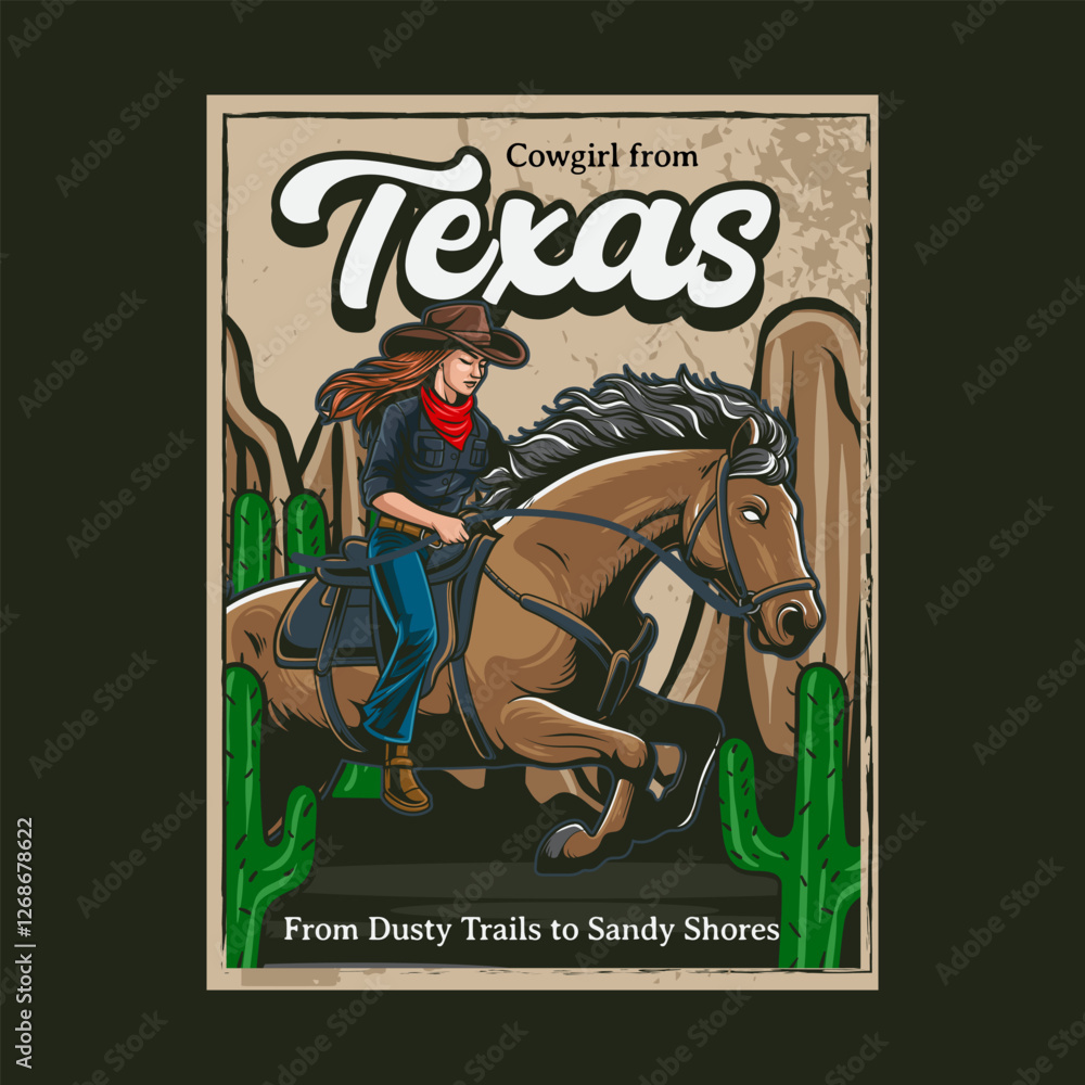Obraz premium Cowgirl from Texas Riding Horse in Western Vintage Illustration for poster