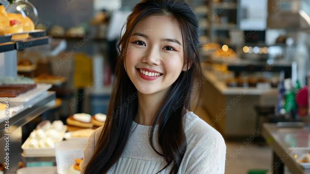 smiling young Asian woman at her bakery shop full of Various type of bread , entrepreneur and sme concept smiling young Asian woman at her bakery shop full of Various type of bread , entrepreneur and sme concept