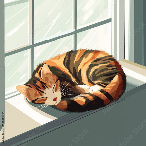 A vector of a cat curled up on a windowsill with sun rays