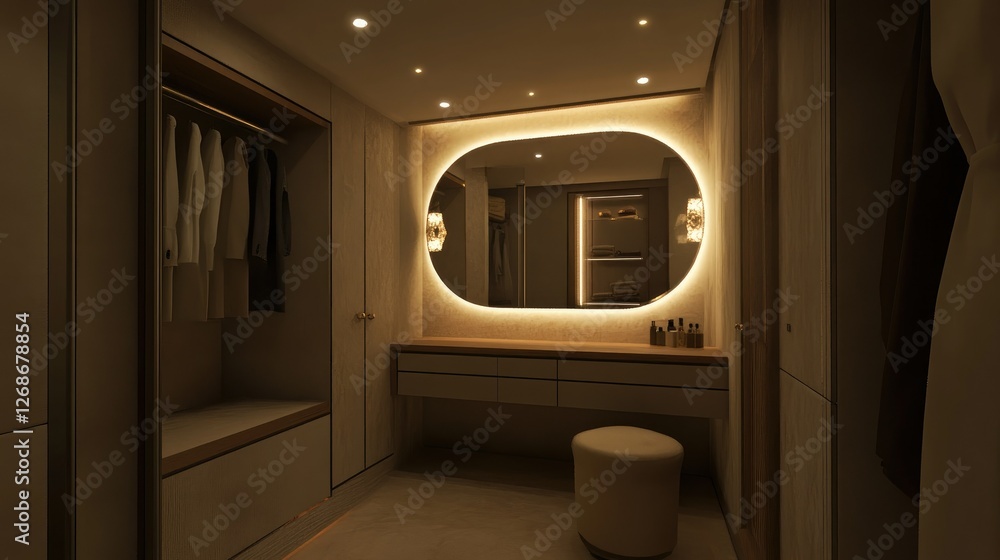Well-structured dressing room with dedicated wardrobe sections, a modern dressing table, and soft accent lighting. Well-structured dressing room with dedicated wardrobe sections, a modern dressing table, and soft accent lighting.