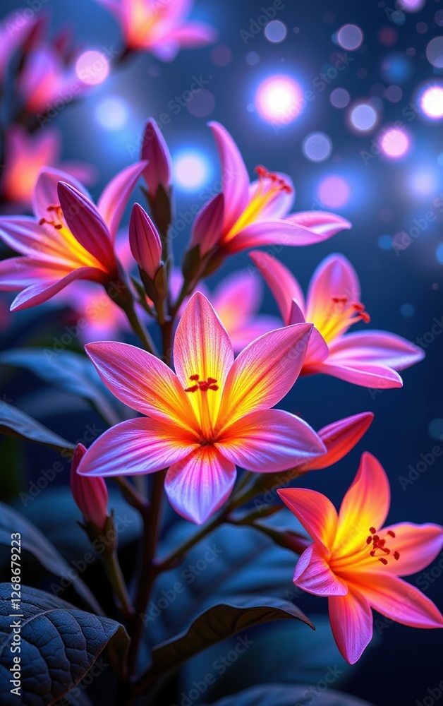 Fototapeta premium A stunning close-up of vibrant, glowing flowers in full bloom, illuminated with soft golden light.