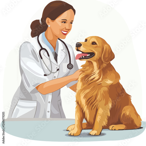 A vector of a veterinarian examining a golden retriever