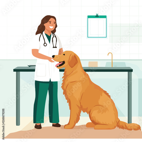 A vector of a veterinarian examining a golden retriever