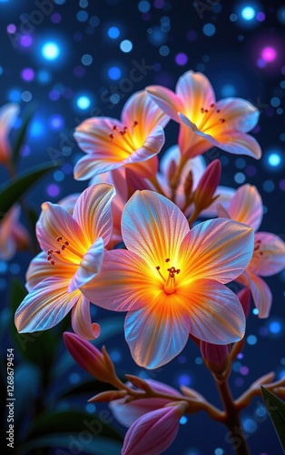 A stunning close-up of vibrant, glowing flowers in full bloom, illuminated with soft golden light.
