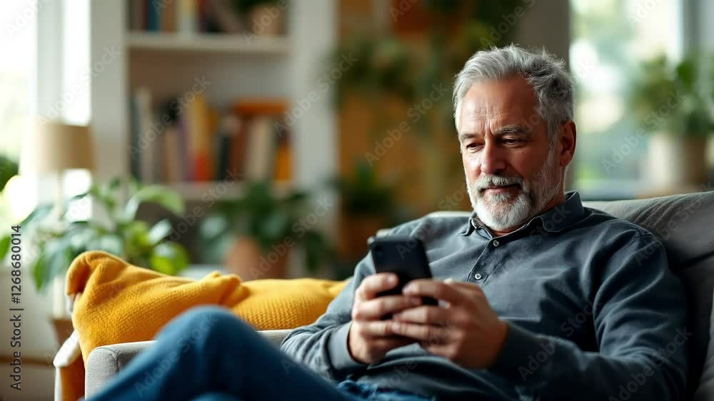 A cheerful senior man is relaxing on a couch, engrossed in his smartphone. A cheerful senior man is relaxing on a couch, engrossed in his smartphone.