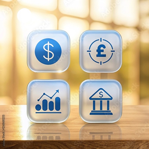 A set of blue vector icons in the glassmorphism, bank business application for user interface.