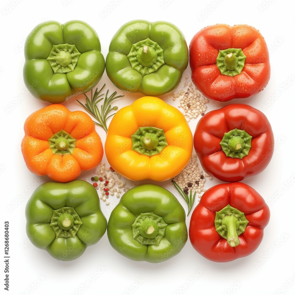 Fototapeta premium Colorful Bell Peppers and Spices on White Background