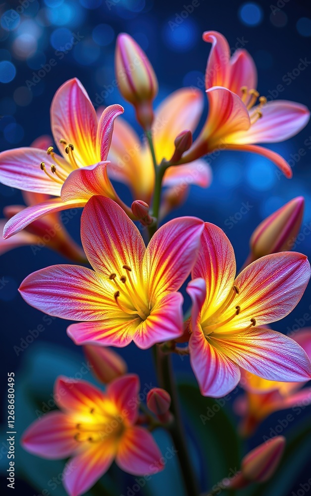 A stunning close-up of vibrant, glowing flowers in full bloom, illuminated with soft golden light. A stunning close-up of vibrant, glowing flowers in full bloom, illuminated with soft golden light.