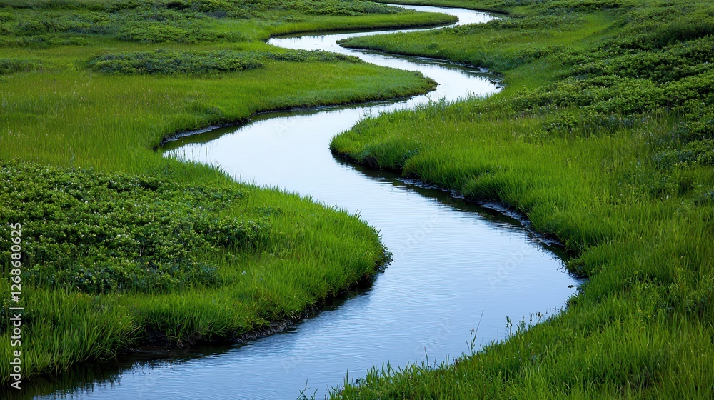 Serene Stream Winding Through Lush Green Meadows Serene Stream Winding Through Lush Green Meadows