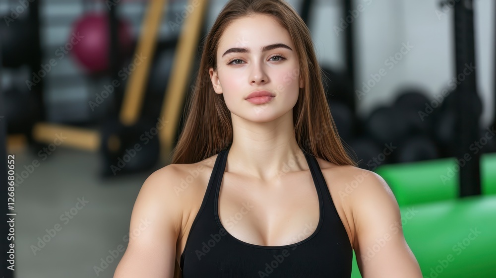 Portrait of a young woman with long brown hair, wearing a black sports bra, in a gym setting. She has a serious expression and looks directly at the Portrait of a young woman with long brown hair, wearing a black sports bra, in a gym setting. She has a serious expression and looks directly at the