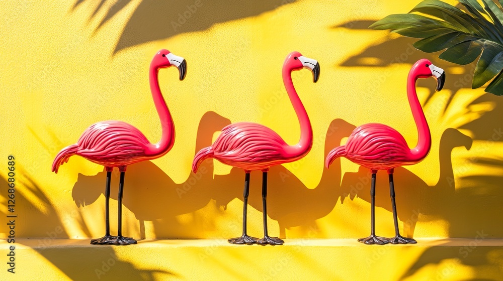 Fototapeta premium Flamingo toys in motion, vibrant colors, simple yet creative design, evoking joy and playfulness.