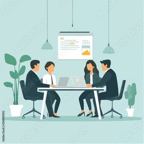 A flat 2D vector of a business team having a meeting in an office