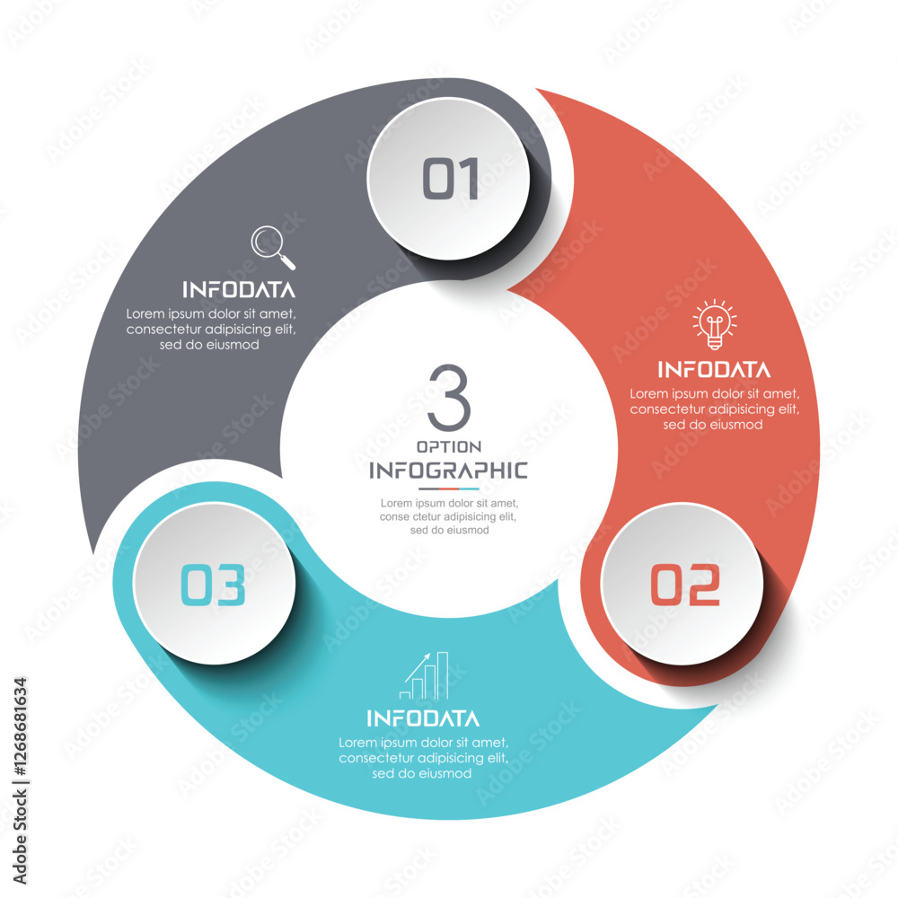 Circle infographic vector illustration with 3 steps, infographic template design. Can be used for process diagrams, presentations, workflows. Circle infographic vector illustration with 3 steps, infographic template design. Can be used for process diagrams, presentations, workflows.