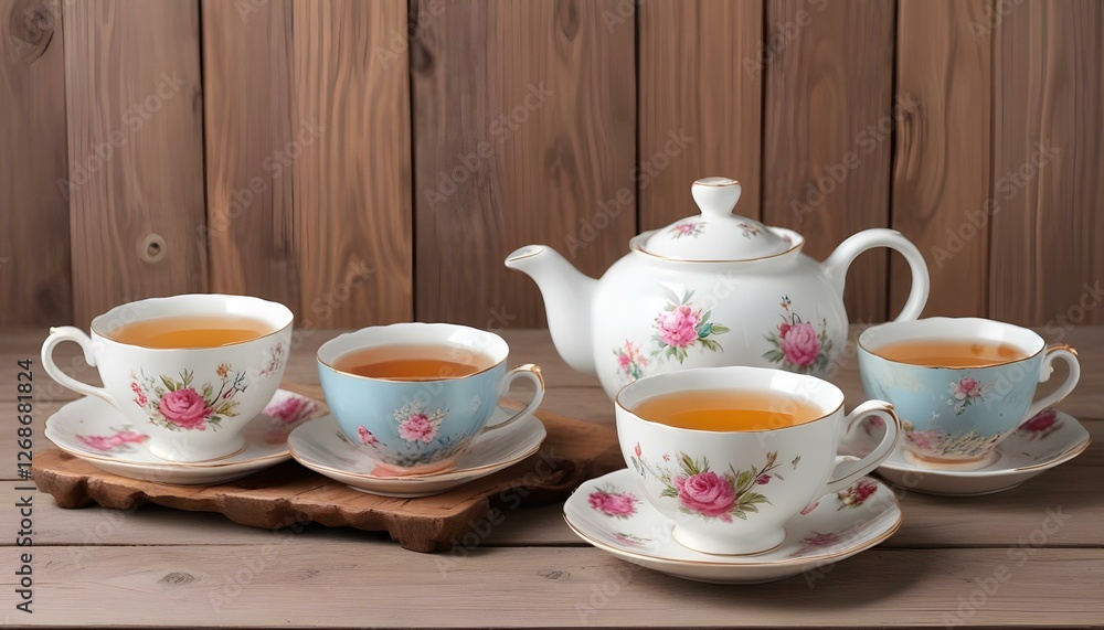 Teapot and Teacups on wooden background Teapot and Teacups on wooden background